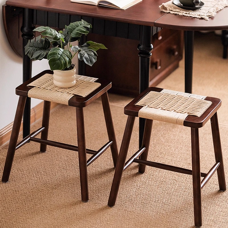 Mid-Century Modern Solid Wood Bench Rattan Weaving Entryway Stool Walnut Small Ottoman for Living