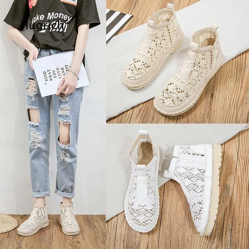 Hollow Lace Platform Booties For Women Crochet Mesh PU Panel Elastic Side Breathable Footwear