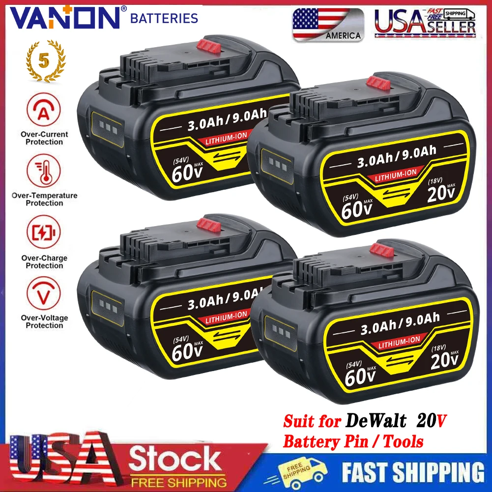 

VANON 1/2/4 шт. 9,0 Ач DCB609 Замена аккумулятора для DEWALT 20 В/60 В Pin DCB606 DCB612, совместимая с аккумуляторными электроинструментами
