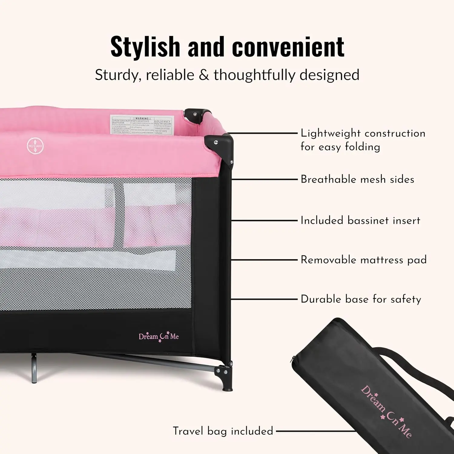 Gioco portatile con culla - 360 °   Rete, piega rapida, borsa da viaggio e materasso inclusi - Rosa