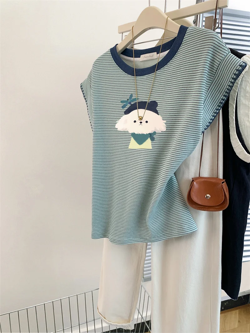 Summer Stripe Short Sleeve T-Shirt Women's Fashion Color Block Design Slimming Cap Sleeve No Sleeve Top Korean Style Cotton B...