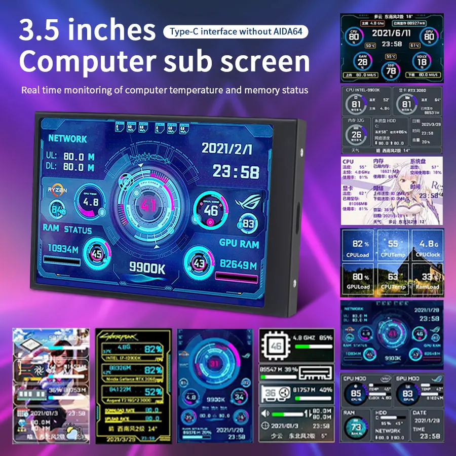 

3.5 Inch Mini IPS TYPE-C Computer Secondary Screen IPS Computer CPU GPU HDD Monitor LCD Display Freely AIDA64 Windows 8/10/11
