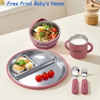Ensemble d'alimentation pour bébé en silicone avec assiette en acier inoxydable personnalisable, bol à ventouse, assiettes, cuillère, fourchette, tasse – Cadeau créatif pour enfants sans BPA 1