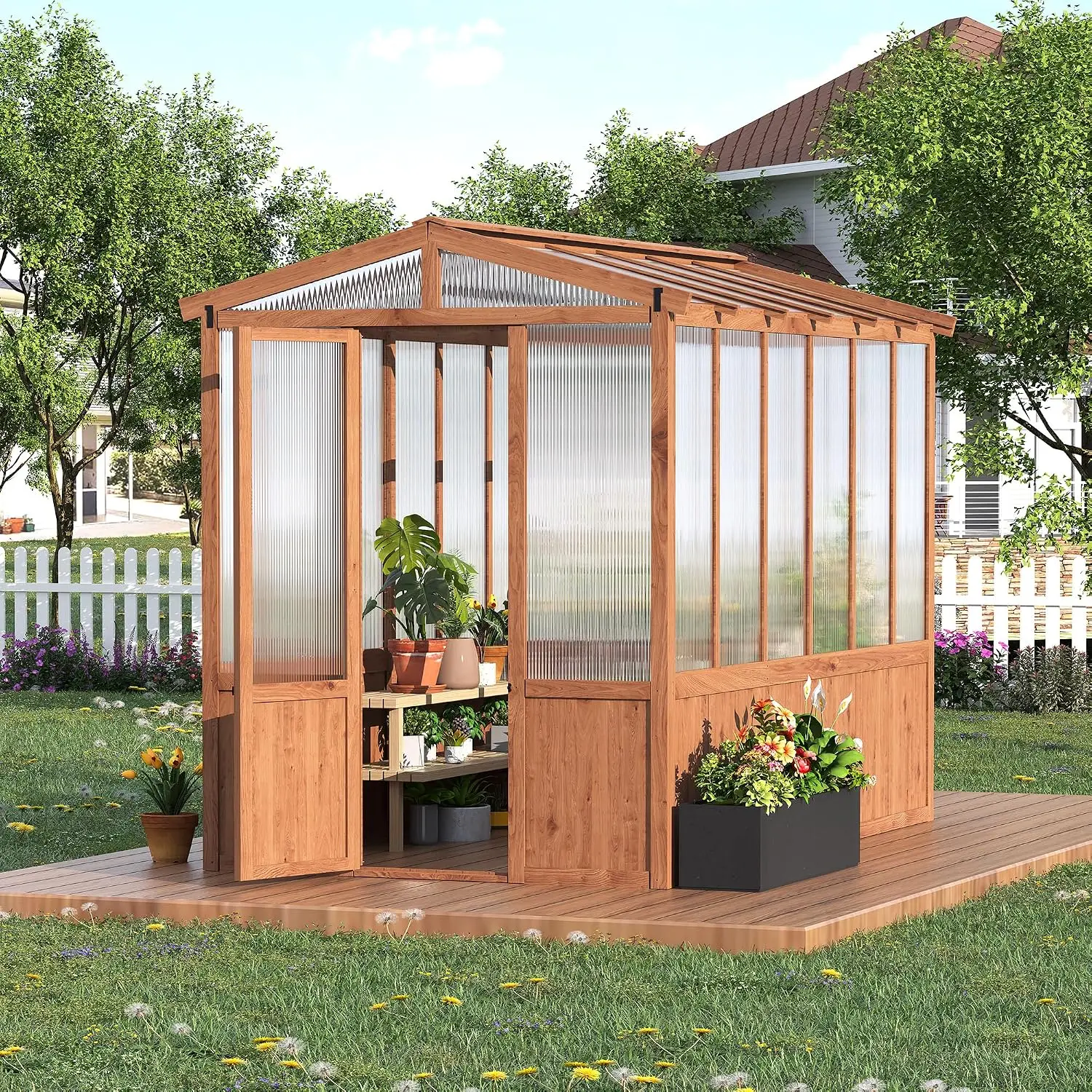 6x10FT Wooden Greenhouse with Cedar Frame, Outdoor Wood Greenhouses with Roof Vent, Wood and Polycarbonate Walk-in, Customized