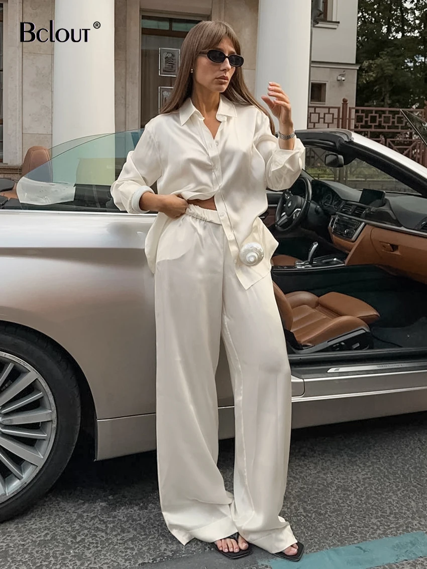 Bclout Fashion Satin Solid Long Pants Sets Womens 2 Pieces Autumn Loose Single Breasted Shirts Elegant Straight Pants Suits 2024