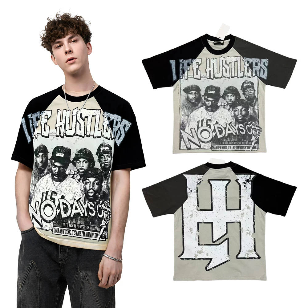 Summer Streetwear Y2k Graphic T Shirts with Patchwork Sleeves Hiphop Street Style Cotton Distressed Casual Short Sleeve Tees Man
