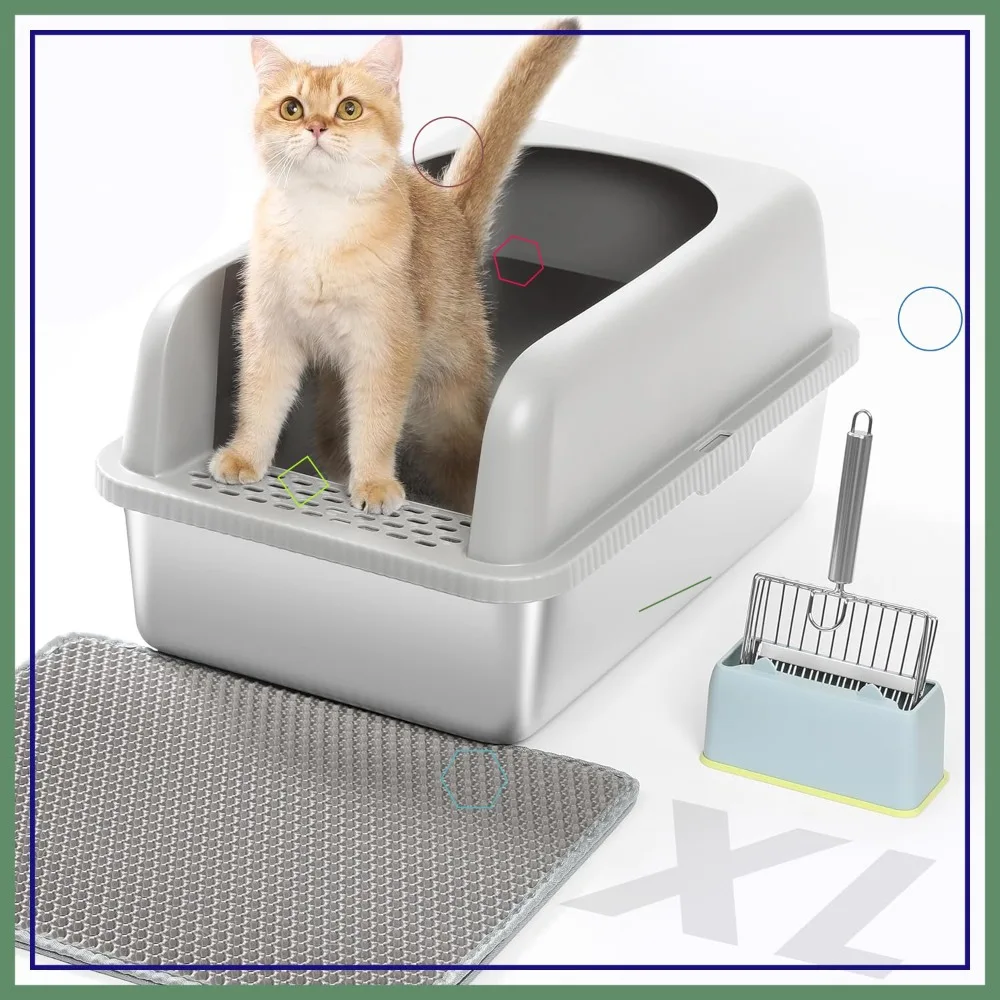 

Stainless Steel XL Cat Litter Box for Big Cats, Extra Large Metal with Lid, High Sided Guard, Includes Scoop & Mat