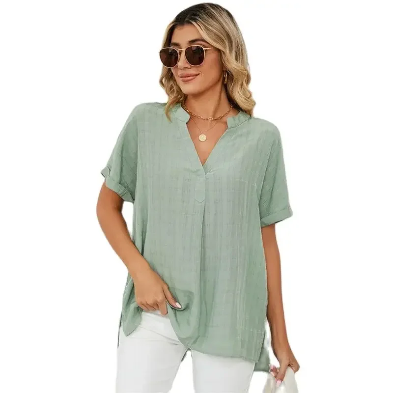 

Summer Solid Color V Neck Pullover Thin Shirt Women Simple Style Folded Short Sleeve Blouse Casual Commuter Loose Female Tops 24