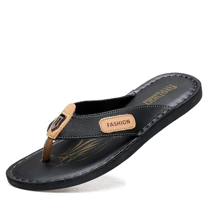 Men\'s Leather Flip Flops Summer Fashion Non-slip Beach Slippers Casual Flat Sandals for Men Outdoor Walking Shoes Big Size 48 49