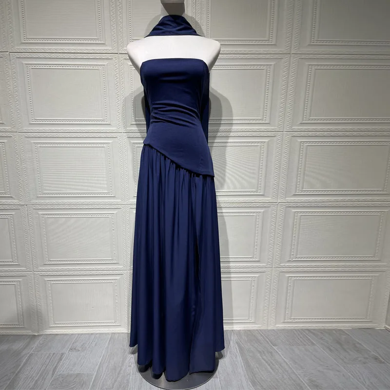 Women Long Dress Elegant Strapless Scarf Neck Pleat Dress Sexy Slim Backless Summer Waist Pleated Slit Party Ribbon Corset Dress