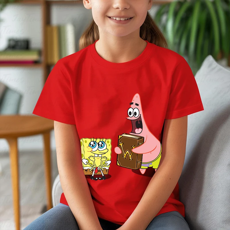 SpongeBob SquarePants printed kids T-shirts summer children's cotton short sleeves suitable for boys and girls red casual tops