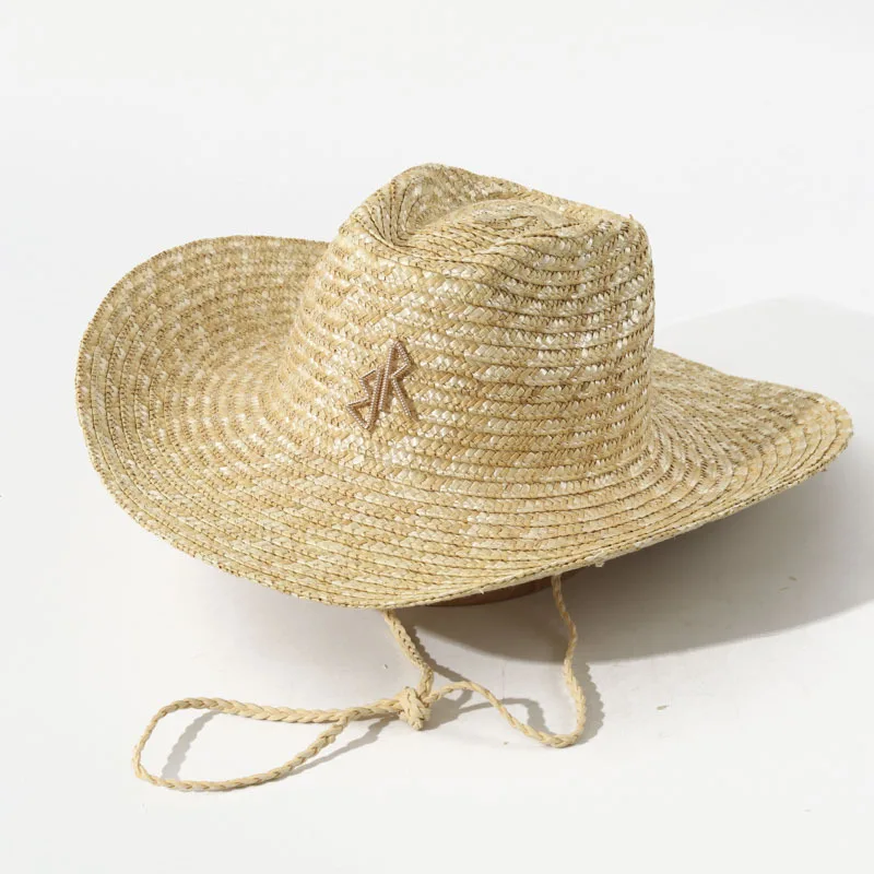 Women Wide Curved Brim Cowboy Straw Hat Removable Wind Lanyard Summer Seaside Vacation Sun Hat
