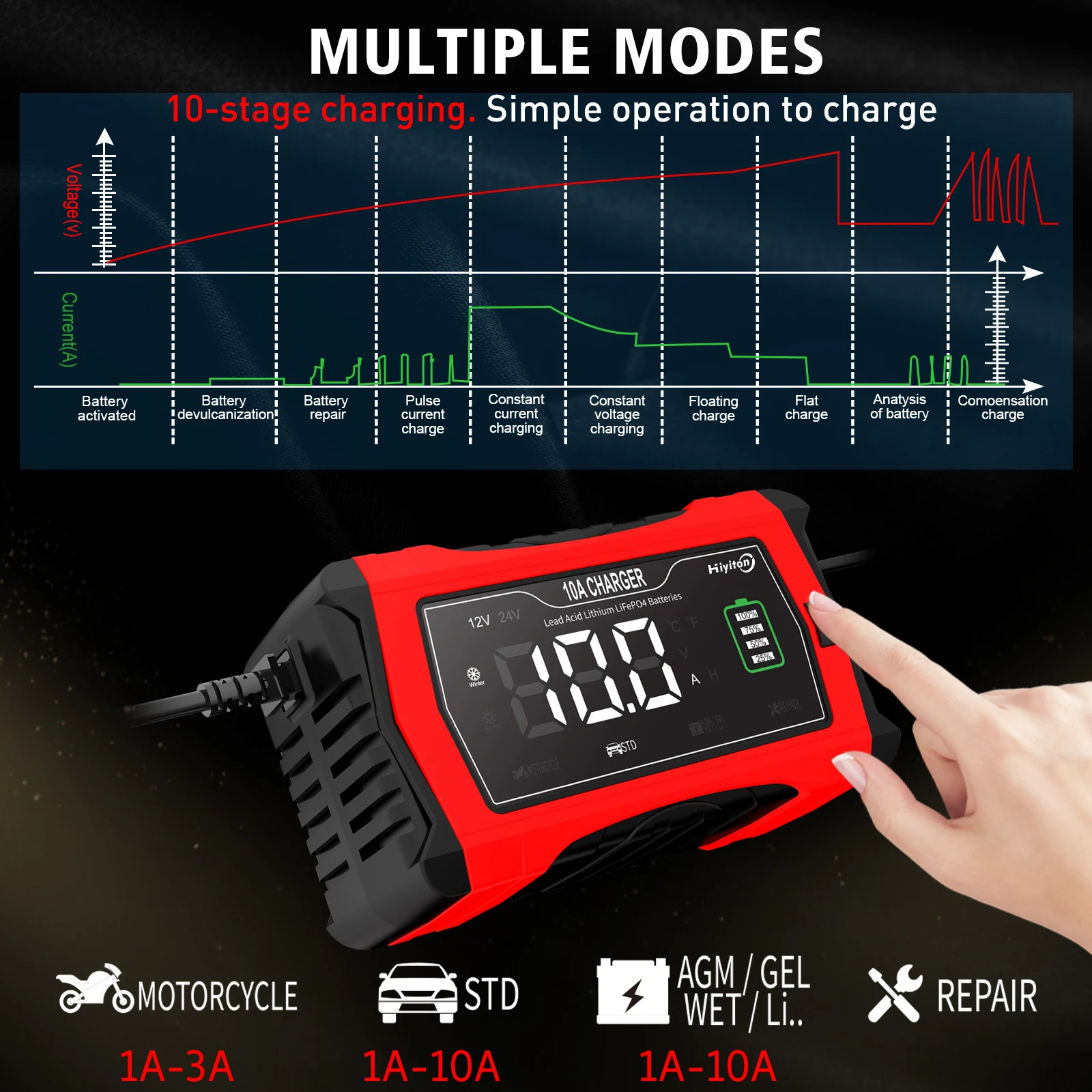 Hiyiton 12V 24V 10A araba pil şarj cihazı için AGM jel islak kurşun asit lityum LiFePO4 akıllı hızlı şarj piller darbe onarım
