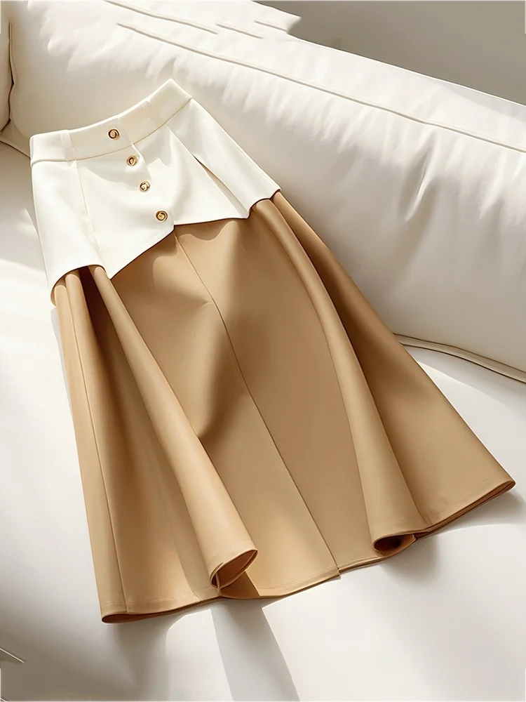 

Fashion Vintage Skirts Contrast Color Patchwork High Waist Design Long Skirt 2025 New Female Slim Elegant Women Clothing Summer