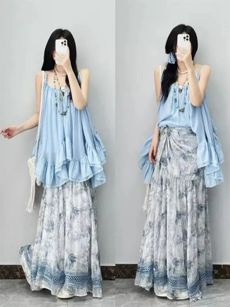 Bleu ter haut Bot ensemble femmes Unique belle plage fée T f jupe deux pièces ensemble ort Sve rond Ne