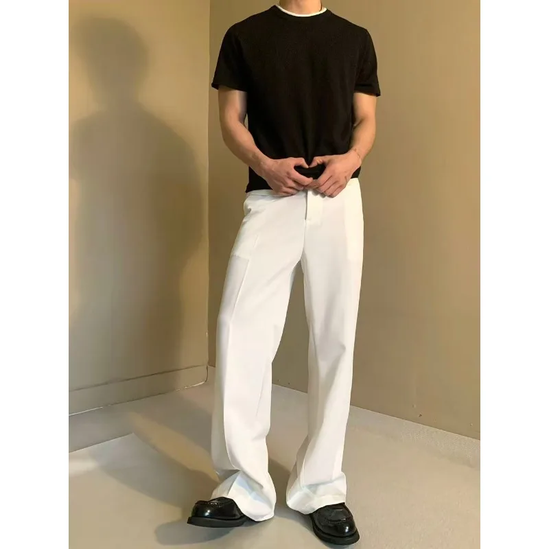 Mens Button Zipper Fly High Waist Center Crease Straight Flared Suit Trousers