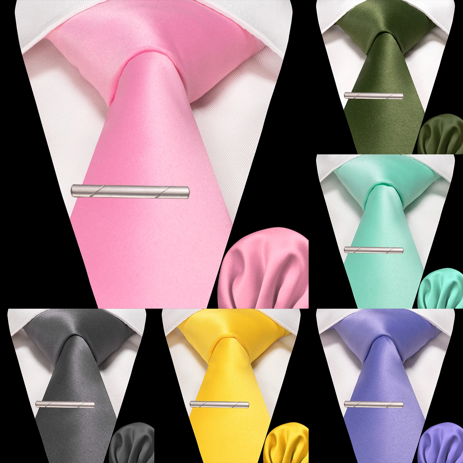 JEMYGINS Solid polyester Men Tie Handkerchief tie clip Set Blue Pink Mint Green Necktie for Wedding Party Business Accessories