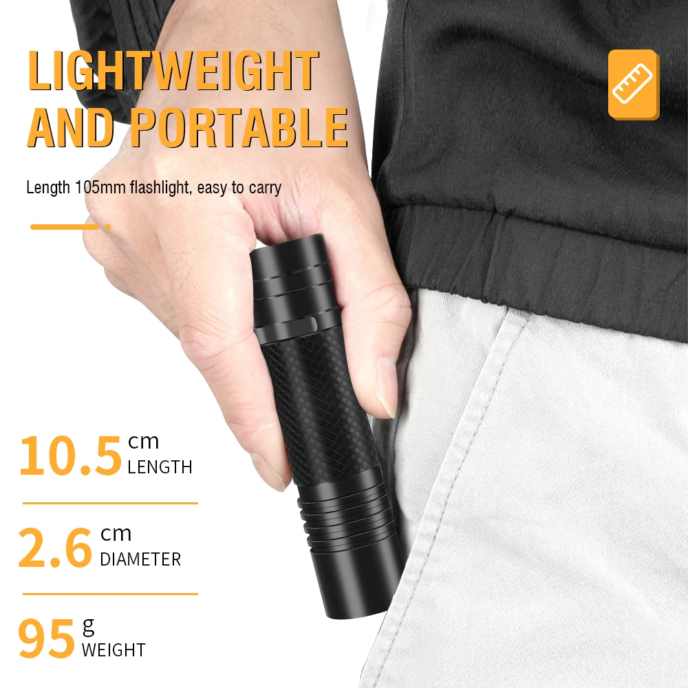 BORUiT V8 EDC Flashlight 18650 USB C 800LM Rechargeable Powerful Torch 5 Lighting modes 1200mAh Built-in battery Portable Light