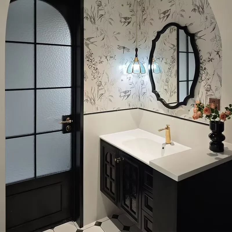 STLF Black Retro French Wall-Mounted Bathroom Cabinet Combination Rubber Wood Solid Baked Lacquer Washstand Intelligent