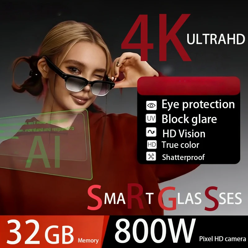 

4K Smart AI Glasses 8MP Camera Recording Videos Photo Recognition Answer AI Translation BT Call Photochromic Sunglasses 2026