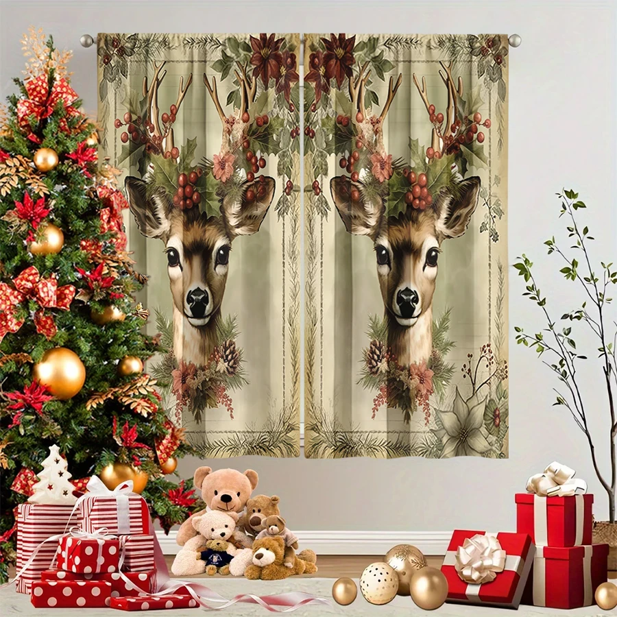 2PCS Christmas Winter Curtains, Vintage Deer Head Berry Poinsettia Pine Frame, Digital Print, Bedroom Living Room, Home Decor