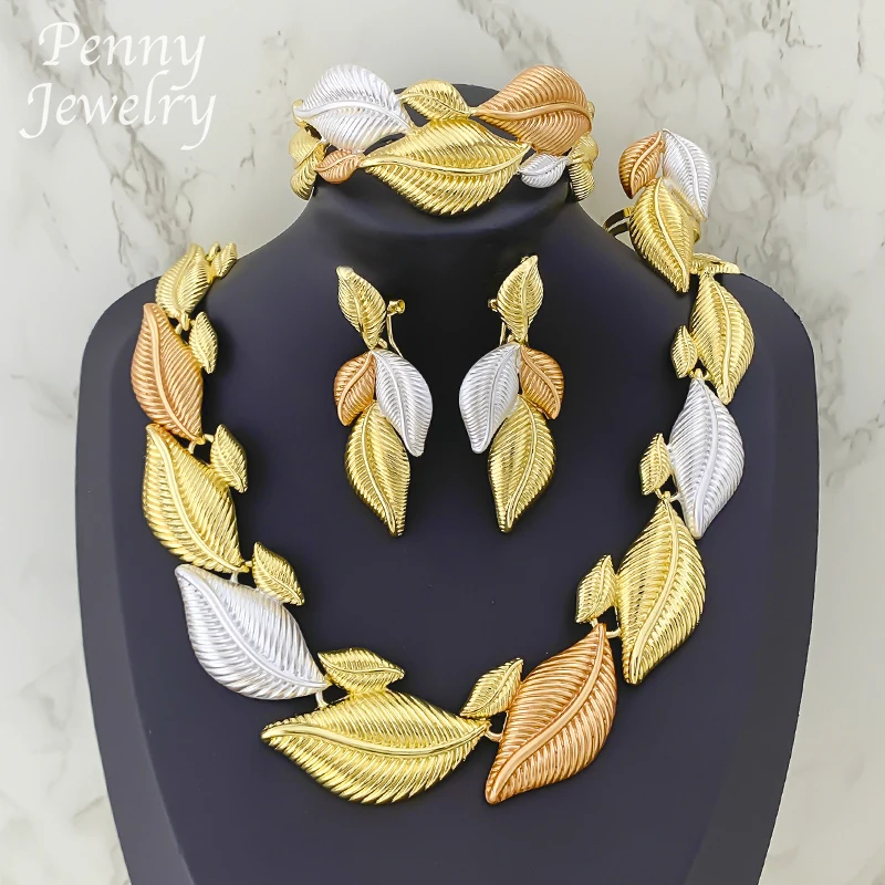 Luxury Leaf Shaped Choker Gold Plated 4Pcs Jewelry Set for Women Necklace Earrings Bracelet Ring Bridal Wedding Party Gifts