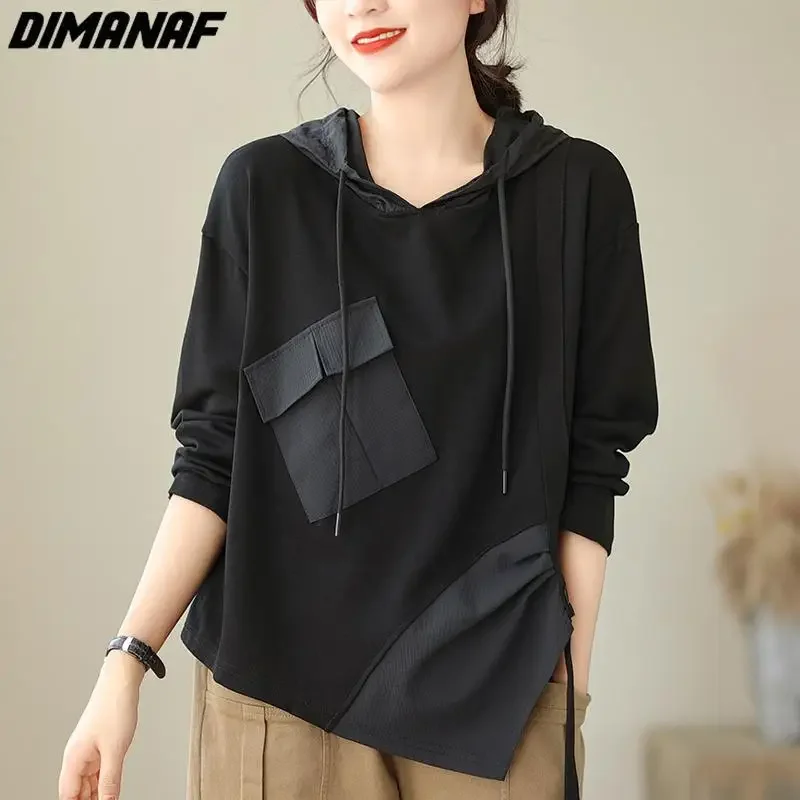 

Dimanaf 2024 Plus Size Pullover Autumn Hoodies & Sweatshirts Oversize Women Pattern Asymmetrical Solid Full Sleeve Loose