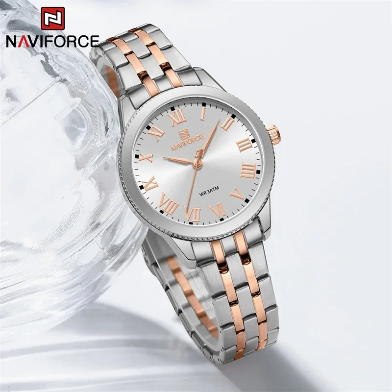 NAVIFORCE-Reloj de lujo para mujer, pulsera de acero inoxidable, resistente al agua, elegante