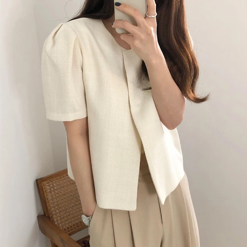 

Spring Summer Chic round Ne ort Sve Open Cardigan Women's Top Bubble Sve Simple Elegance irt Korean Sle Cotton ...