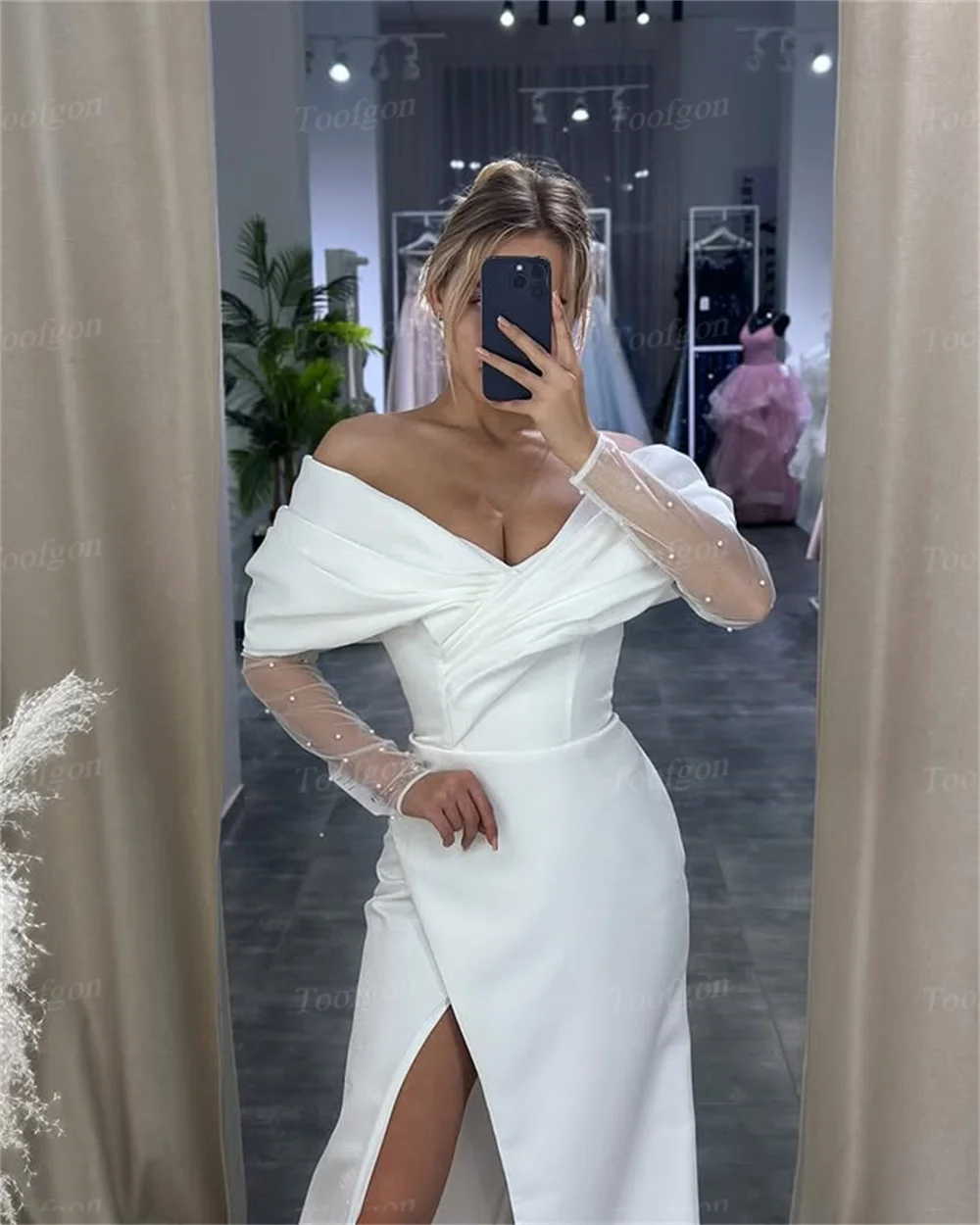 Toofan Mermaid ซาตินที่กําหนดเองชุดเจ้าสาวแขนยาวขาอย่างเป็นทางการ Gowns แต่งงานเจ้าสาวรัดตัวผู้หญิงการถ่ายภาพชุด