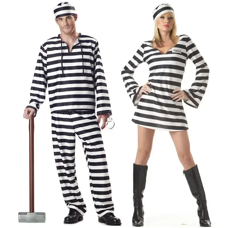 

Halloween Cosplay Couple's Convict Costume Classic Striped Halloween Costumes for Women Men's Convict Prisoner Costume