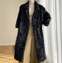 Lamb fur coat for women, light luxury sheepskin fur one piece coat, patchwork whole mink V-neck medium length winter 2024