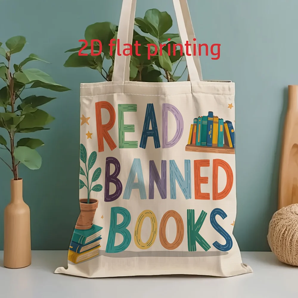 

1pc 2D Flat Printed Canvas Tote Bag - Banned Book Reading Slogan, Fresh Botanical Style, Women's Reusable Grocery Shopping Bag,