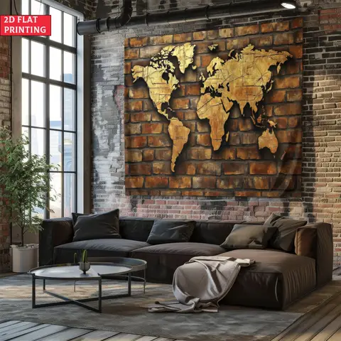 World map tapestry vintage brick wall design travel decor wall hanging global theme living room office bedroom home decoration