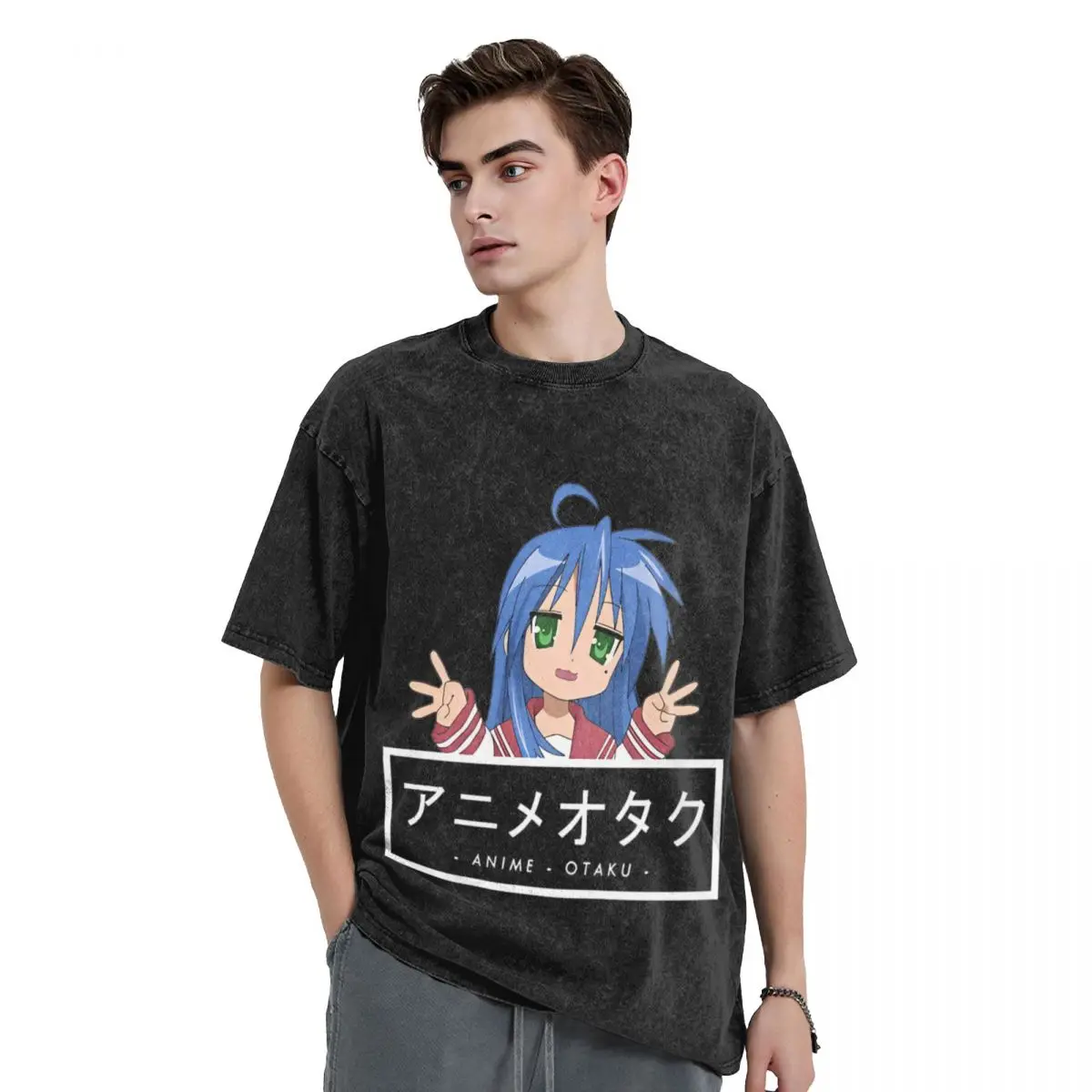 Otaku Konata Izumi Lucky Star Washed T Shirt Streetwear Hip Hop Novelty T-Shirt Tees for Men Women Short Sleeve Harajuku Summer