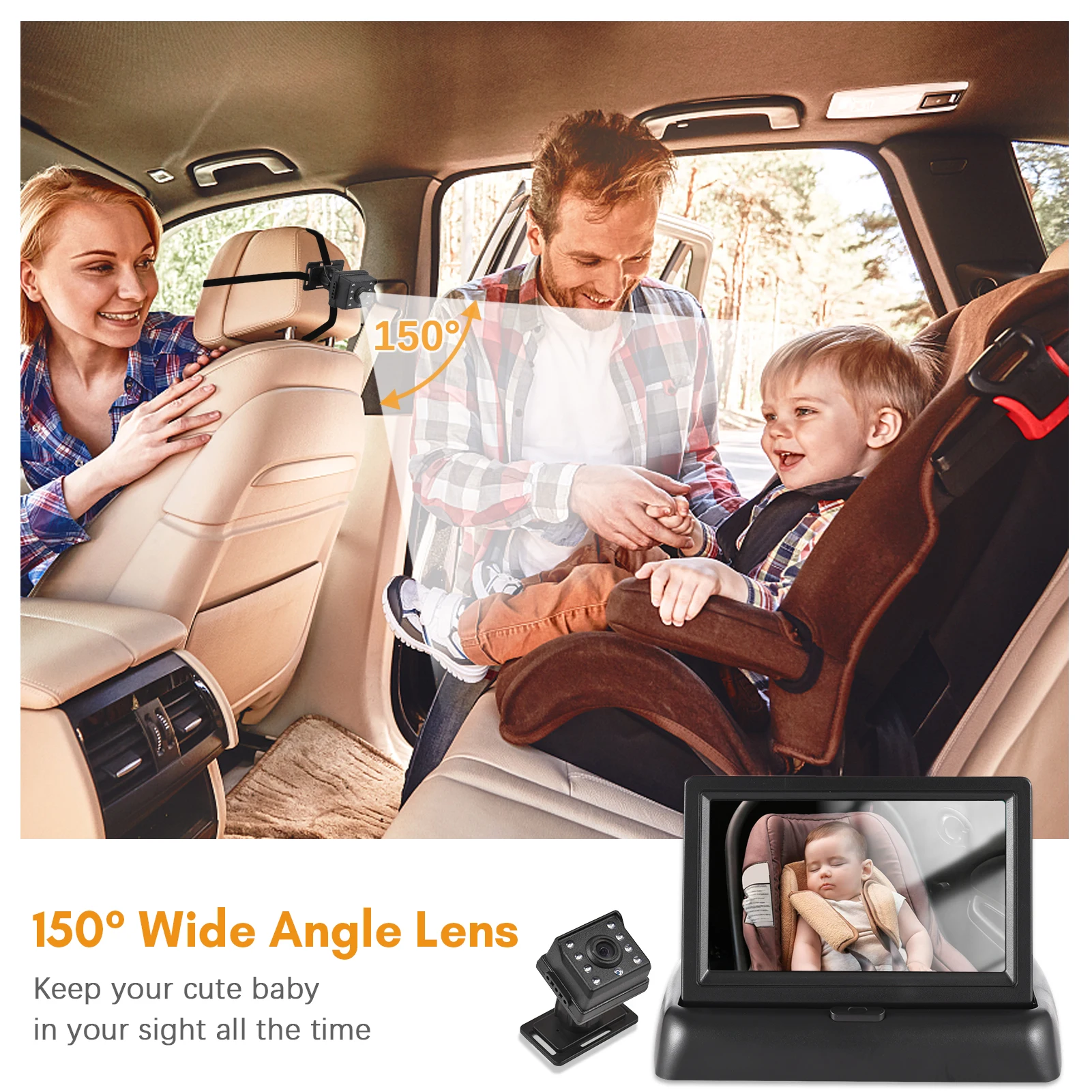 Baby Car Monitor 1080P Monitor Camera para Baby Rear Facing Seat Mirror Display 150 ° Wide View Night Vision Car Mirror Camera
