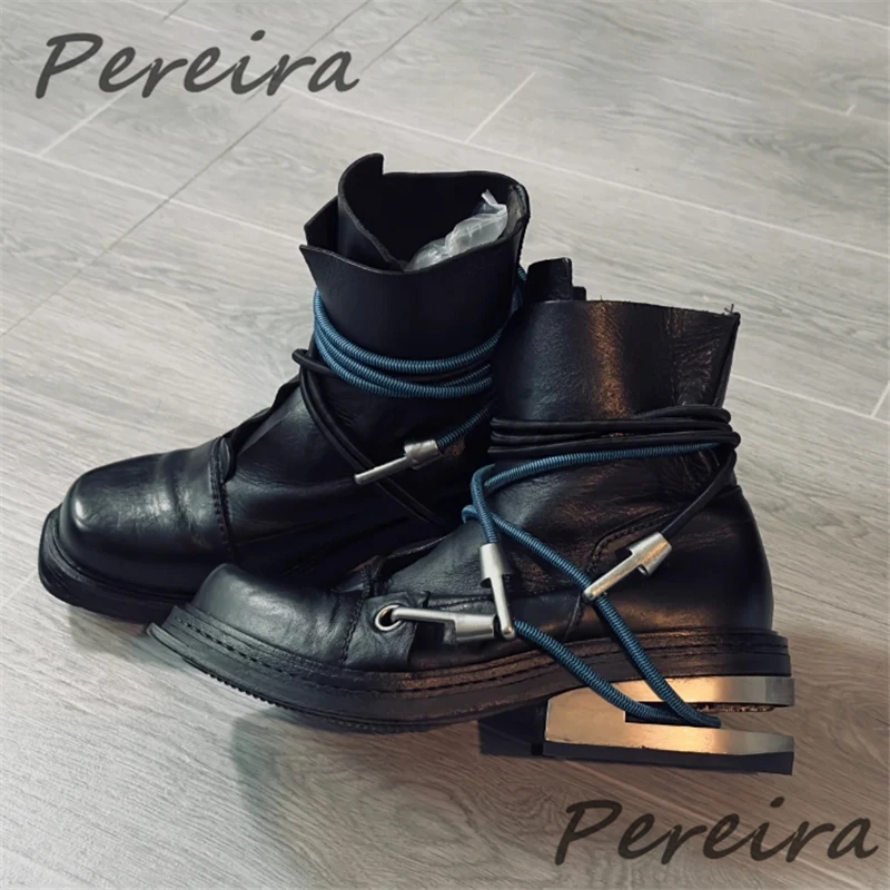 

Retro Men's Genuine Leather Motorcycle Boots Strange Metal Heel Elastic Band Mid-Calf Boots Vintage Round Toe Thick Soled Shoes