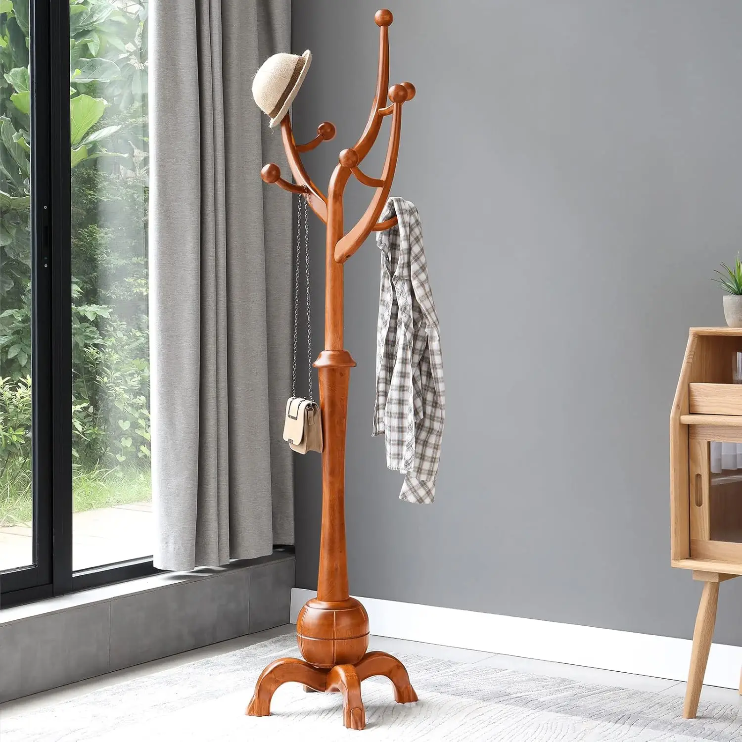 Wood Coat Rack Freestanding with Stable Sphere Base, Light Brown, Customized
