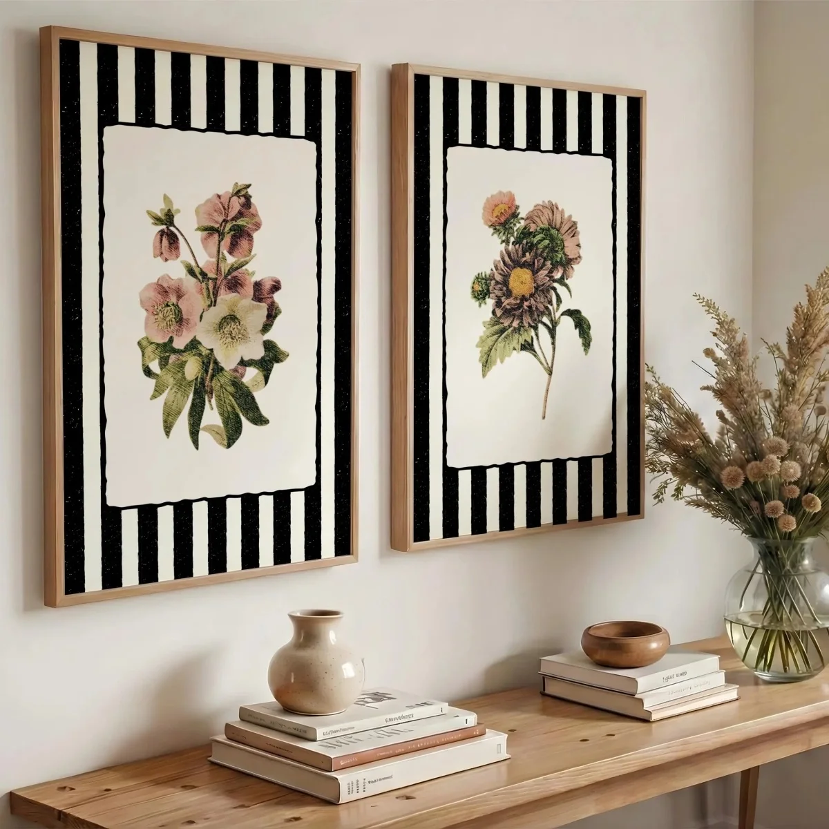 2pcs/set Black White Vintage Florals Canvas Prints Poster Modern Botanical Striped Art Prints Living Room Wall Art Home Decor