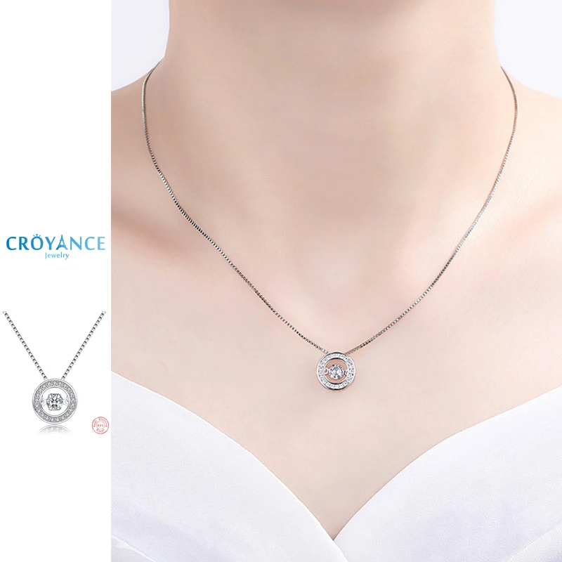 Croyance Elegant Shake Dancing Zircon Round Pendant Necklaces Women 925 Sterling Silver Jewelry Multiple Chain Length Options