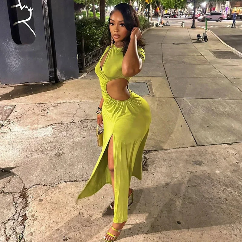 Elegantes weißes, figurbetontes Maxikleid für Frauen, Ausschnitt, O-Ausschnitt, hoher Schlitz, geraffte Taille, sexy Slim-Fit, Abend-Club-Outfit 2025,