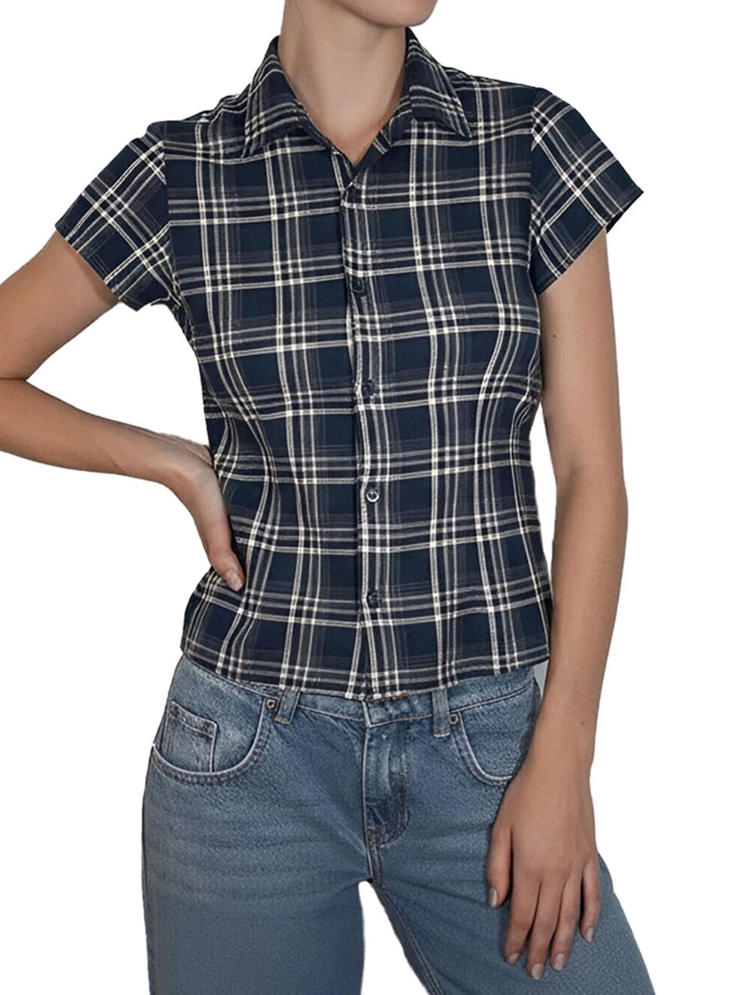 

Женская клетчатая рубашка с коротким рукавом и застежкой на пуговицы, летние топы в уличном стиле для повседневной носки