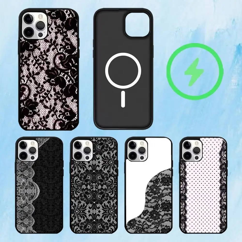 

B-Black lace print New Hot Phone Case For iPhone17,16,15,14,13,12,11 Plus,Pro Max Magnetic For Magsafe Wireless Charging