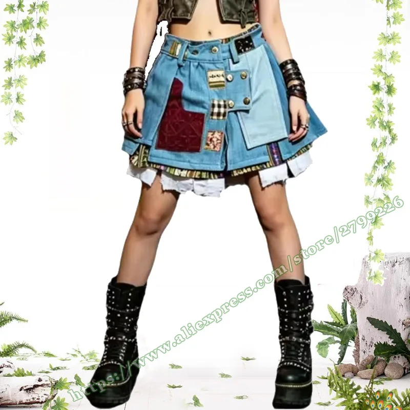 2025 Japanese Y2K Casual Retro Vintage Punk Style Women's Short Pleated Mini Skirt , Plus Size Jeans Denim Skirts for Womens