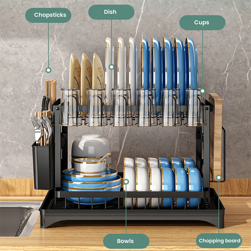 Dish Drainer Kitchen Organizer with Cutlery and Cups Holders Bowl Dish drawing Rack Cutting Board Holder Kitchen Acceesories