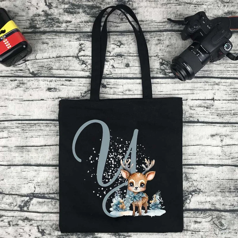 Kawaii Elk Pattern Canvas Tote Bag Merry Christmas Xmas Shopping Bags Initial Totes Reusable & Foldable Ladies Books Handbag