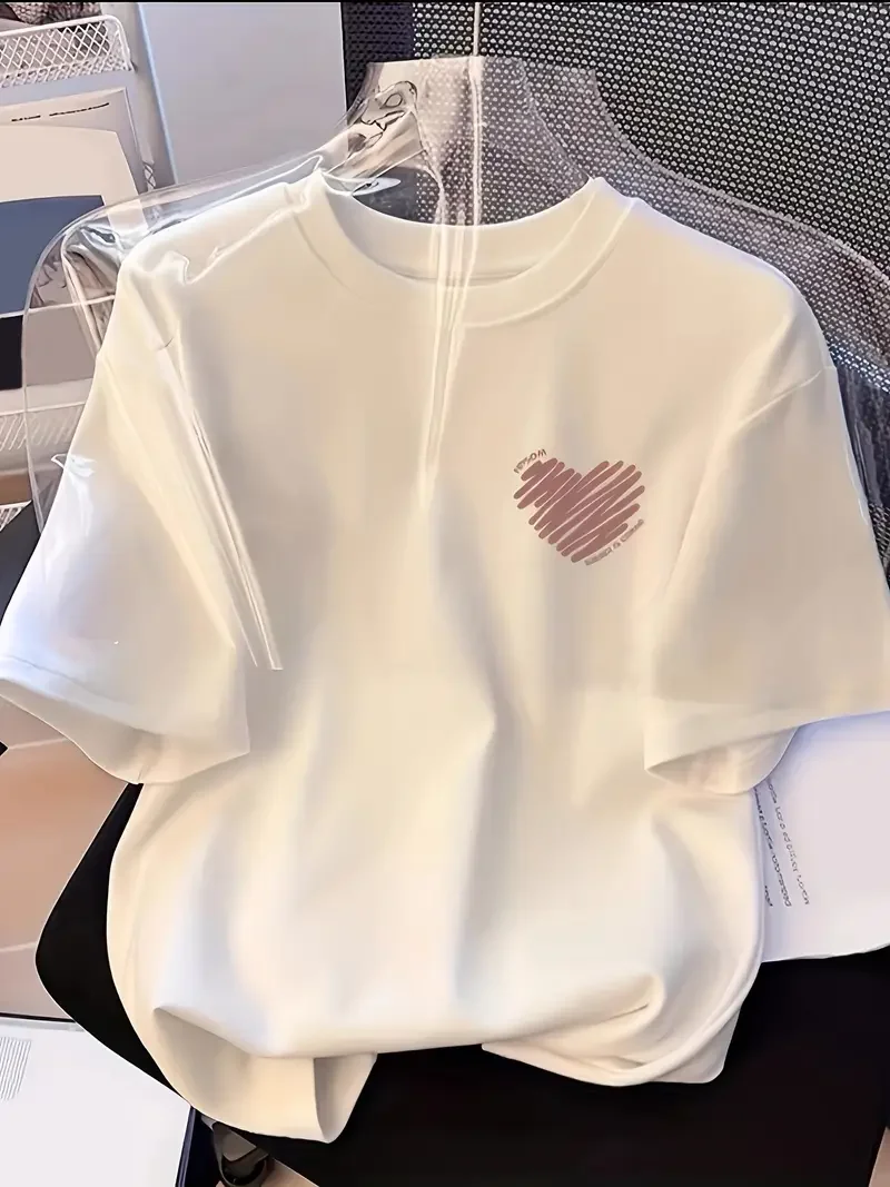 Pink Heart Print Women's T-shirt Summer Round Neck Short Sleeved Tops Tees Minimalist & Cute Women's Clothing