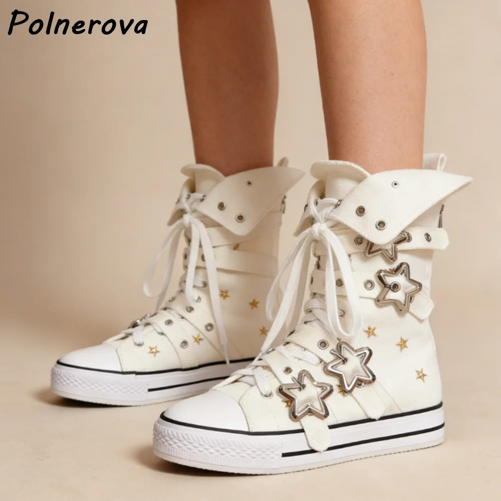 

Туфли-ботинки из плотной ткани с пятиконечной звездой, металлическими пряжками, круглым носком, на плоской подошве, со шнуровкой, женская повседневная модная обувь