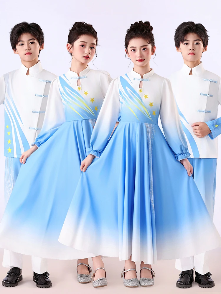 

Children's Choral Reading Performance Clothes Primary School Girls' Blue Patriotic Theme Poem Speech Cetition Outfits