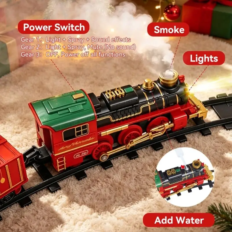 Christmas Mist Track Train Set with Themed Connectable Straight, Curved and Track Pieces, Rebuildable Routes, Lights, Mist and